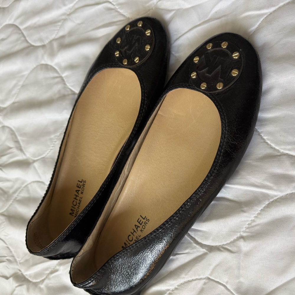 Michael Kors Black Leather Flats with Gold Accents